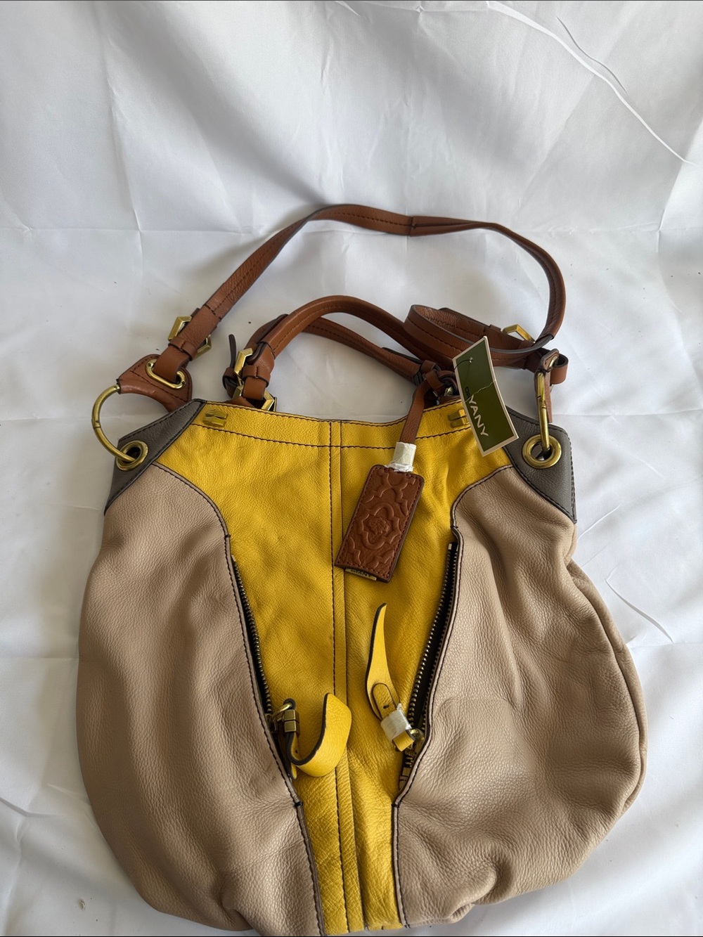 orYANY Two-Tone Yellow and Beige Leather Shoulder Tote with Brown Accents
